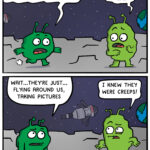 On the moon, two aliens are panicked Alien 1: Those guys from the blue planet are coming back! Alien 2: We gotta hide! - Artemis II passes by Alien 1: Wait... they're just... flying around us, taking pictures Alien 2: I knew they were creeps!